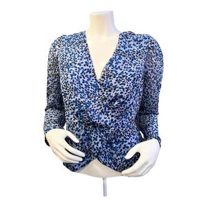 Express Blue Leopard Print Twist Front Tiered Ruffle Peplum Top Size M